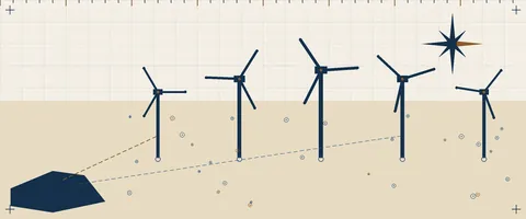 Chart style illustration of five offshore wind turbines standing in block island sound, drawn as navigational soundings with a compass rose, dashed bearing lines, and depth dots on chart paper