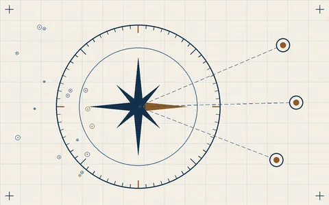 Chart style illustration of a large compass rose with a tick ring and three dashed bearing lines leading to ringed waypoint markers