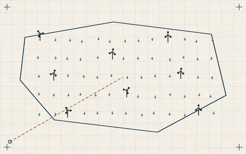 Chart style diagram of a wind farm lease area outlined like a navigational chart with 65 turbine positions marked in a grid